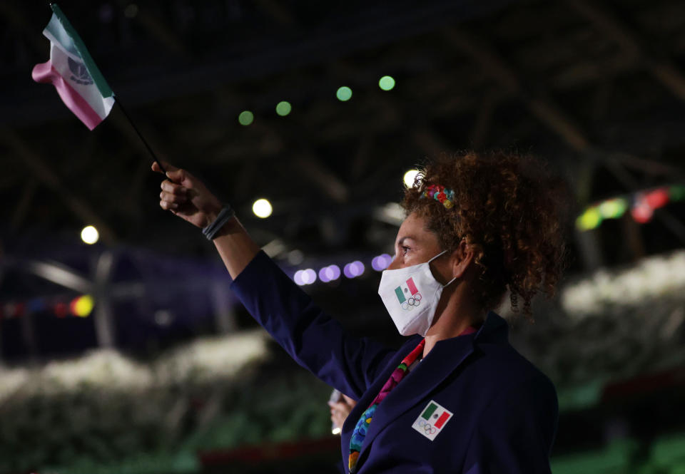 Tokyo 2020 Olympics - The Tokyo 2020 Olympics Opening Ceremony - Olympic Stadium, Tokyo, Japan - July 23, 2021. An athlete from Mexico during the athletes' parade at the opening ceremony REUTERS/Hannah Mckay