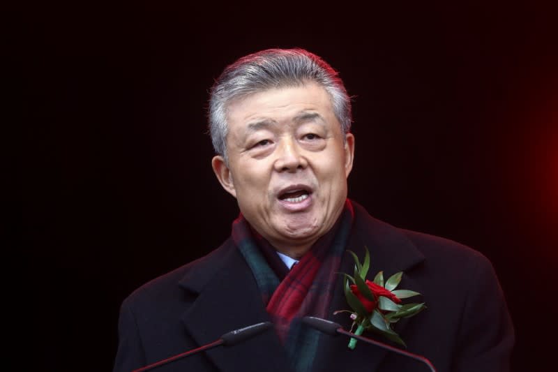 FILE PHOTO: Chinese Ambassador to Britain Liu talks to crowd following Chinese Lunar New Year parade in London