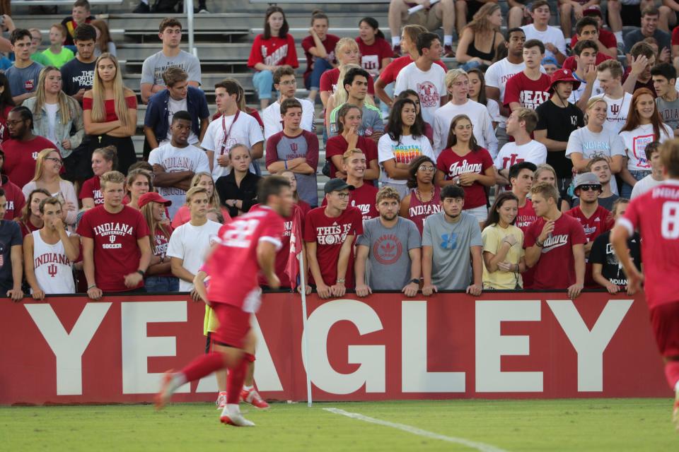 Fans in Jerry Yeagley Field at Bill Armstrong Stadium watch Indiana University's men's soccer 3-2 win over Pittsburg in the IU Classic, Bloomington, Friday, Aug. 30, 2019. The program, mostly helmed by Jerry Yeagley and his son Todd, have been the nation's most successful since the program's inception in 1973. 