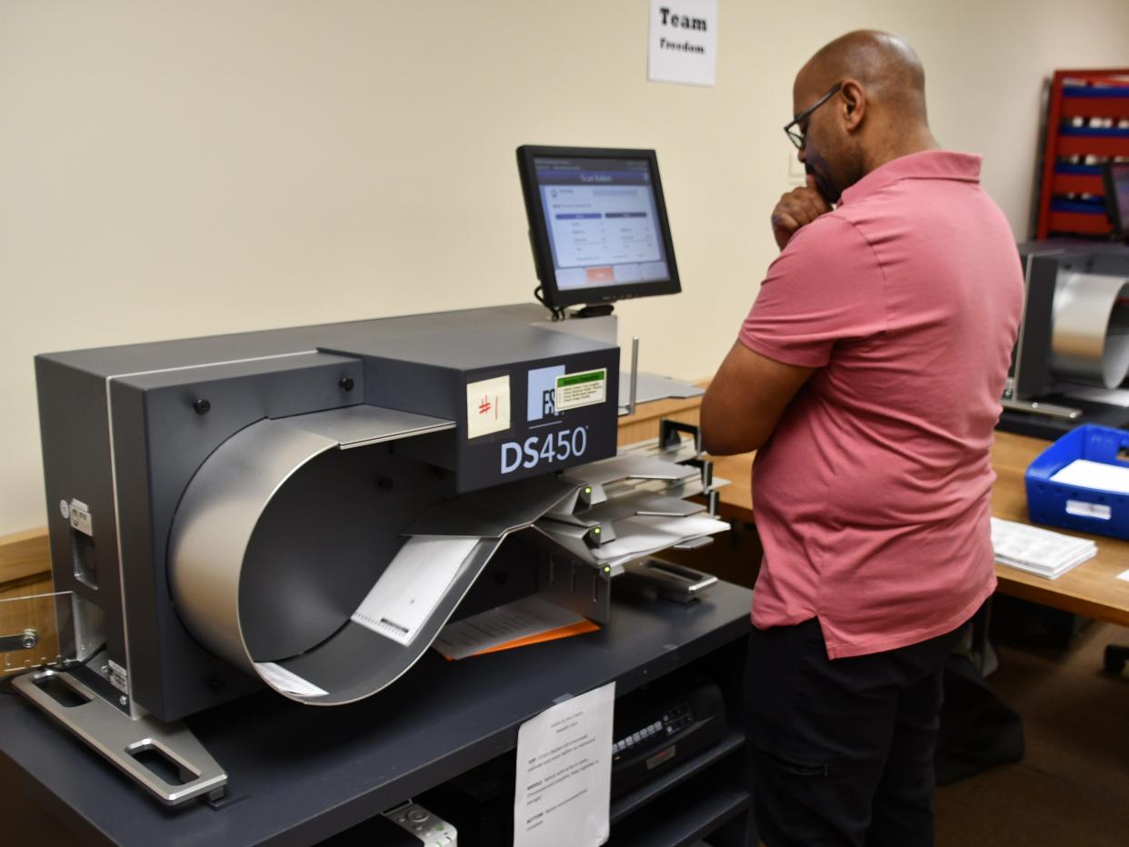 Election workers process mail-in ballots at the Lebanon County Courthouse during the Tuesday, April 23, primary.