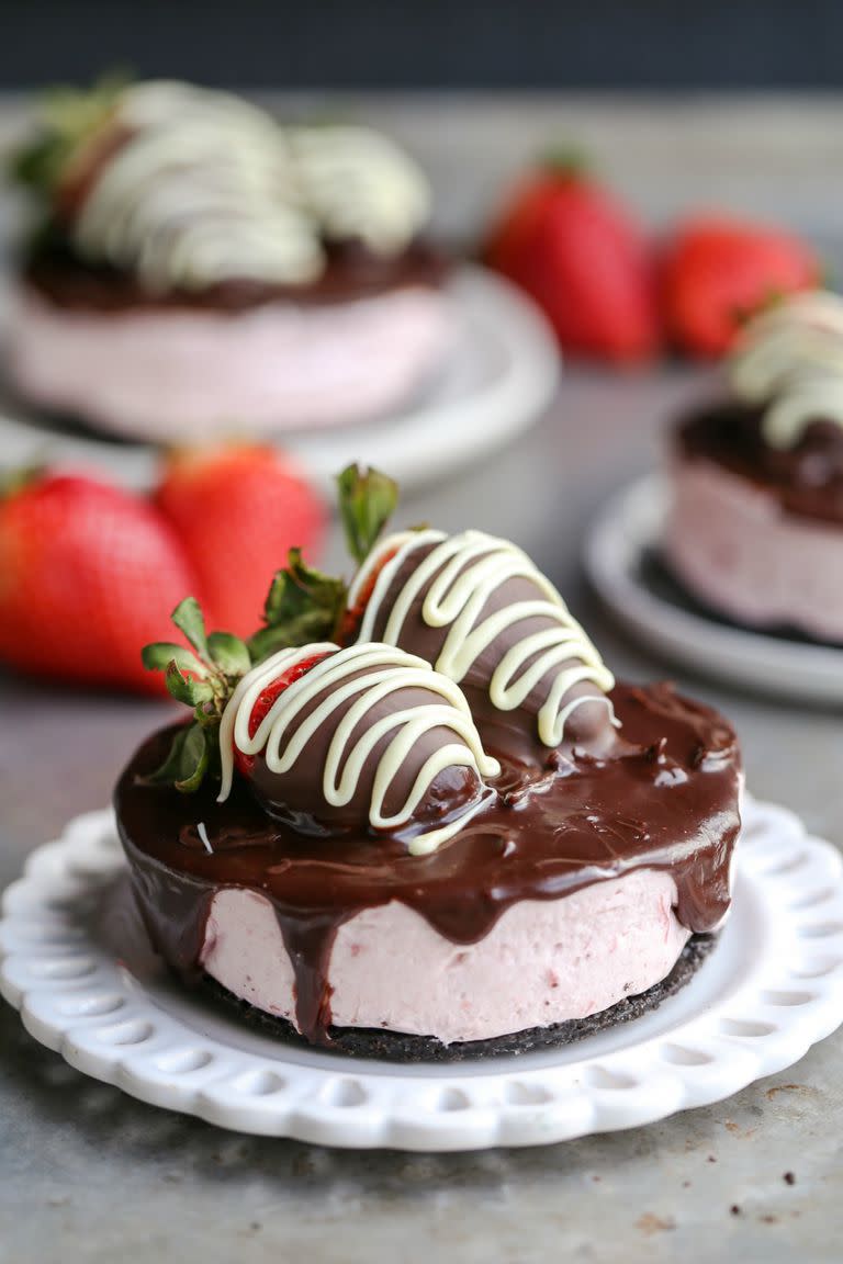 Mini Chocolate-Covered Strawberry Cheesecakes