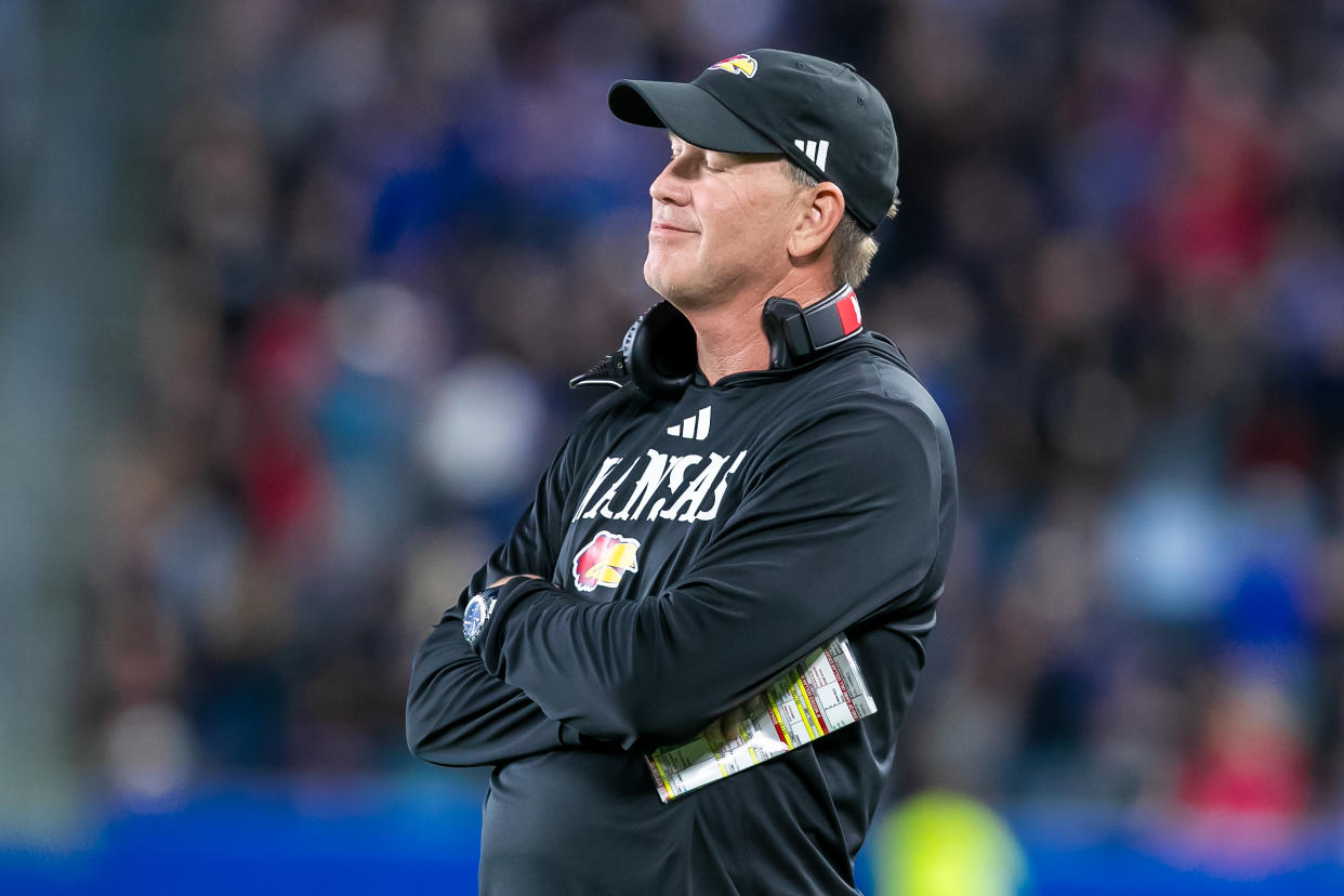 KANSAS CITY, KS - SEPTEMBER 13: Kansas head coach Lance Leipold reacts to a call on the field during the game between the Kansas Jayhawks and the UNLV Rebels on Friday September 13, 2024 at Children's Mercy Park in Kansas City, Kansas.  (Photo by Nick Tre. Smith/Icon Sportswire via Getty Images)