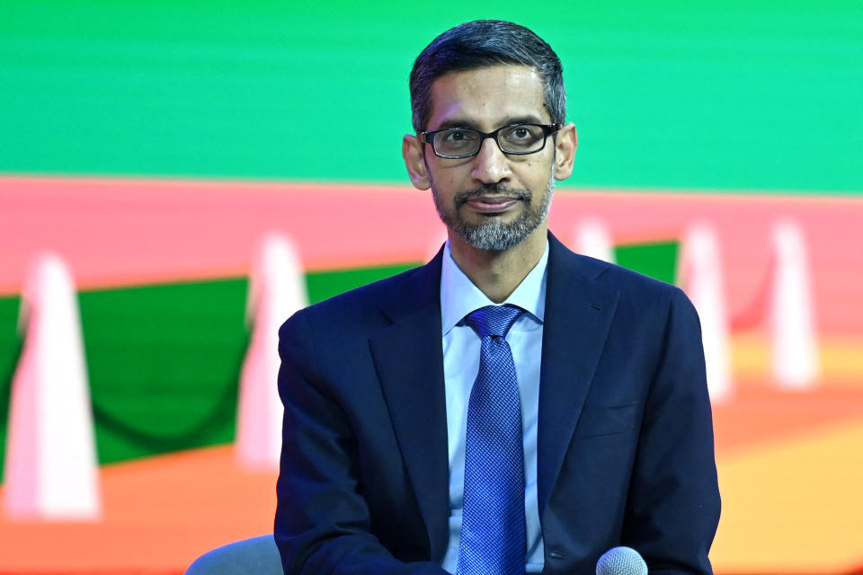 Sundar Pichai, CEO of Google Inc. speaks during an event in New Delhi on December 19, 2022. (Photo by Sajjad HUSSAIN / AFP) (Photo by SAJJAD HUSSAIN/AFP via Getty Images)