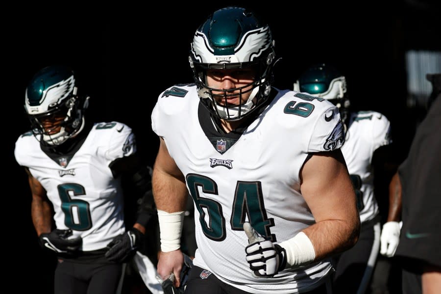 Philadelphia Eagles offensive tackle Brett Toth (64) takes the field before an NFL football game against the New York Jets, Sunday, Dec. 5, 2021, in East Rutherford, N.J. (AP Photo/Adam Hunger)