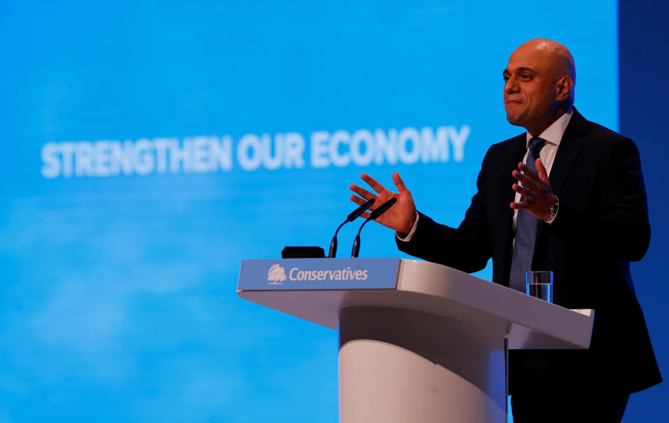 Britain's Chancellor of the Exchequer Sajid Javid gives a speech during the Conservative Party annual conference in Manchester, Britain, September 30, 2019. REUTERS/Phil Noble