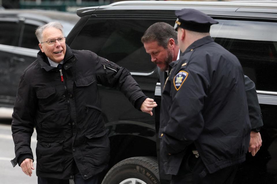 Wayne LaPierre arrives at his civil corruption trial in New York.