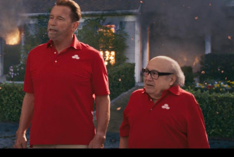 "Twins" co-stars Arnold Schwarzenegger (L) and Danny DeVito reunited for a hilarious Super Bowl commercial Sunday. Photo courtesy of State Farm