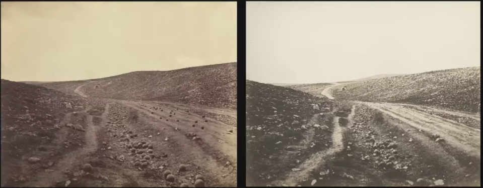 La imagen de la izquierda es la foto trucada en la que aparecen unas balas de cañón esparcidas por el camino. La imagen de la derecha es la fotografía original. (Captura de pantalla de video de VOX)