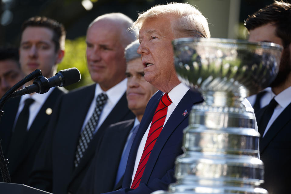 President Donald Trump speaks during an event to honor the 2019 Stanley Cup Champions, the St. Louis Blues hockey team in the Rose Garden of the White House, Tuesday, Oct. 15, 2019, in Washington. (AP Photo/Evan Vucci)