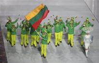 Lithuania's flag-bearer Deividas Stagniunas leads his country's contingent during the opening ceremony of the 2014 Sochi Winter Olympics, February 7, 2014. REUTERS/Lucy Nicholson