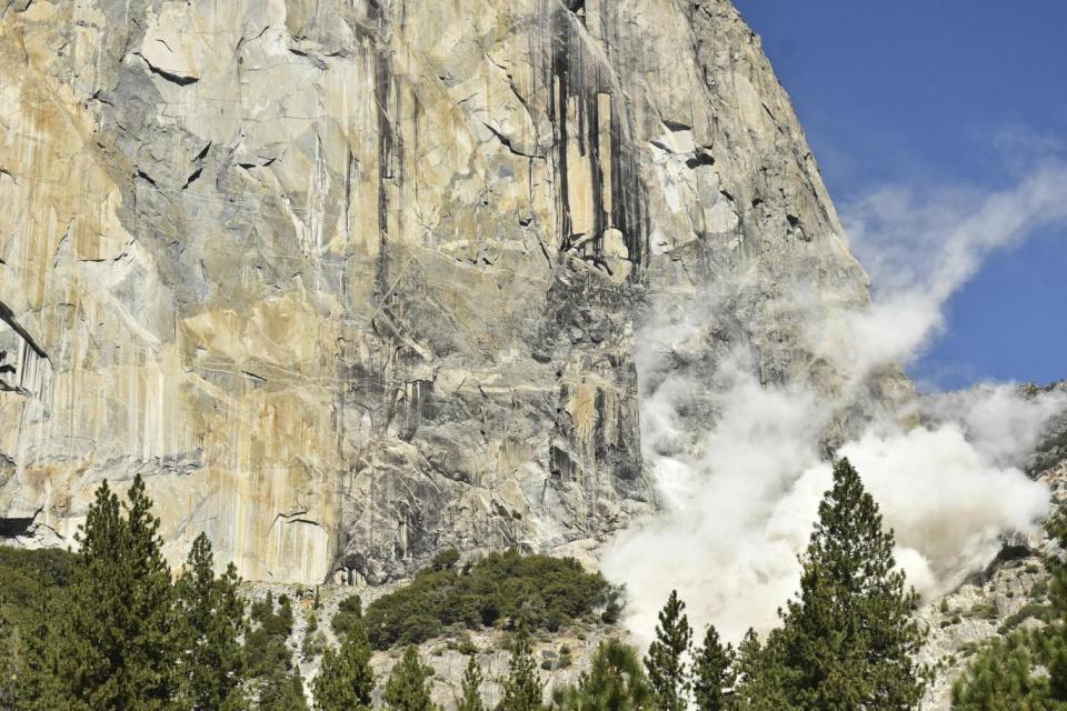 A cloud of dust is seen on El Capitan after the rock fall that killed Andrew Foster (National Park Service)