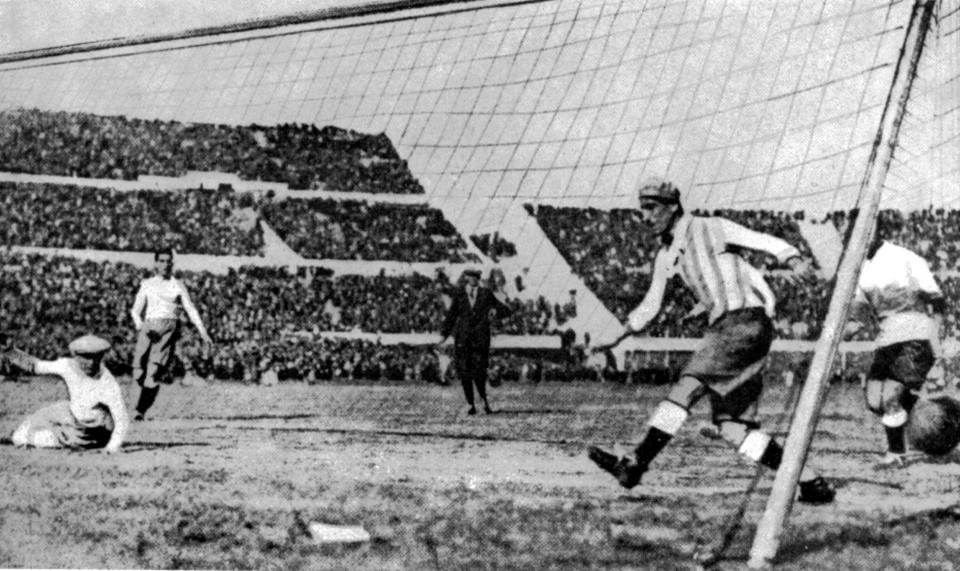 FILE - Uruguay's first goal in the World Cup final soccer match against Argentina, in Montevideo, Uruguay on July 30, 1930. Uruguay defeated Argentina by four goals to two. (AP Photo/File)