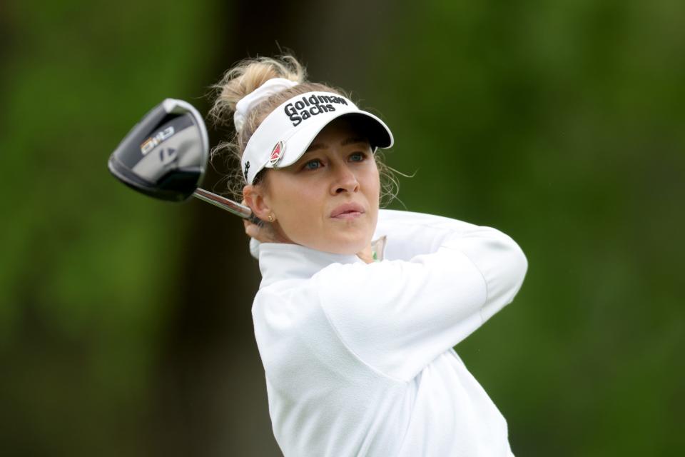 Nelly Korda plays her shot from the seventh tee Sunday during the final round of the Cognizant Founders Cup in Clifton, New Jersey.