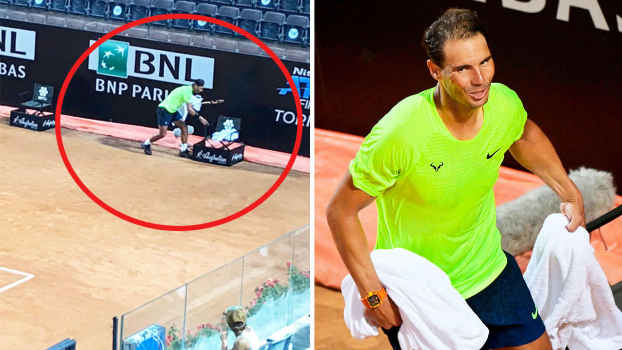 Rafael Nadal (pictured left) picking up all his towels and (pictured right) carrying the towels and smiling.