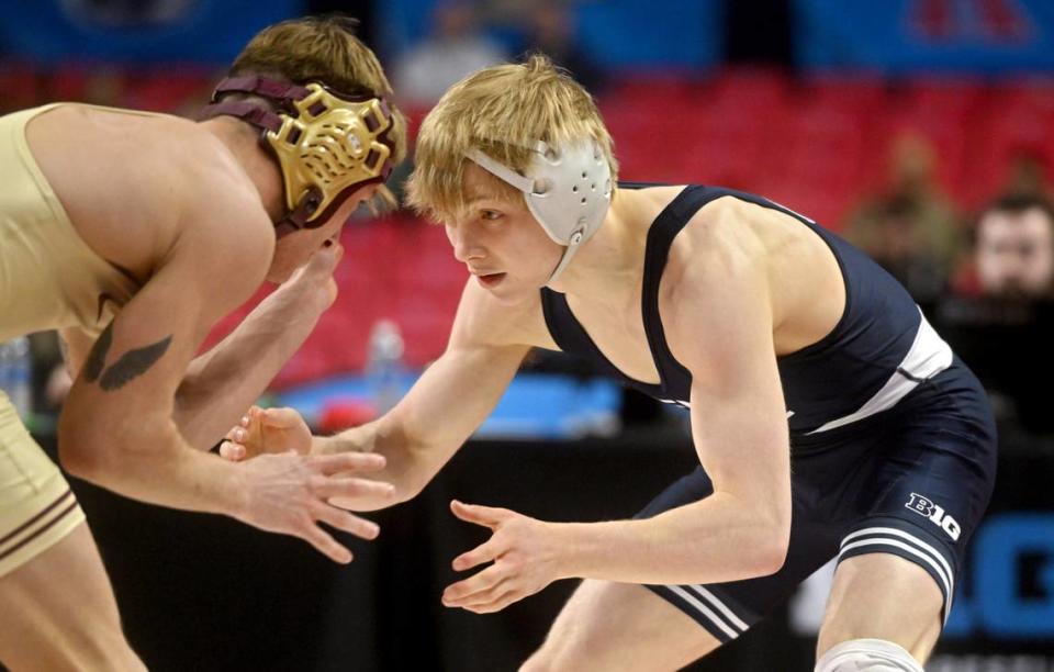 Penn State’s Braeden Davis faces Minnesota’s Patrick McKee in the 125 lb championship bout of the Big Ten Wrestling tournament at the Xfinity Center at the University of Maryland on Sunday, March 10, 2024. Abby Drey/adrey@centredaily.com