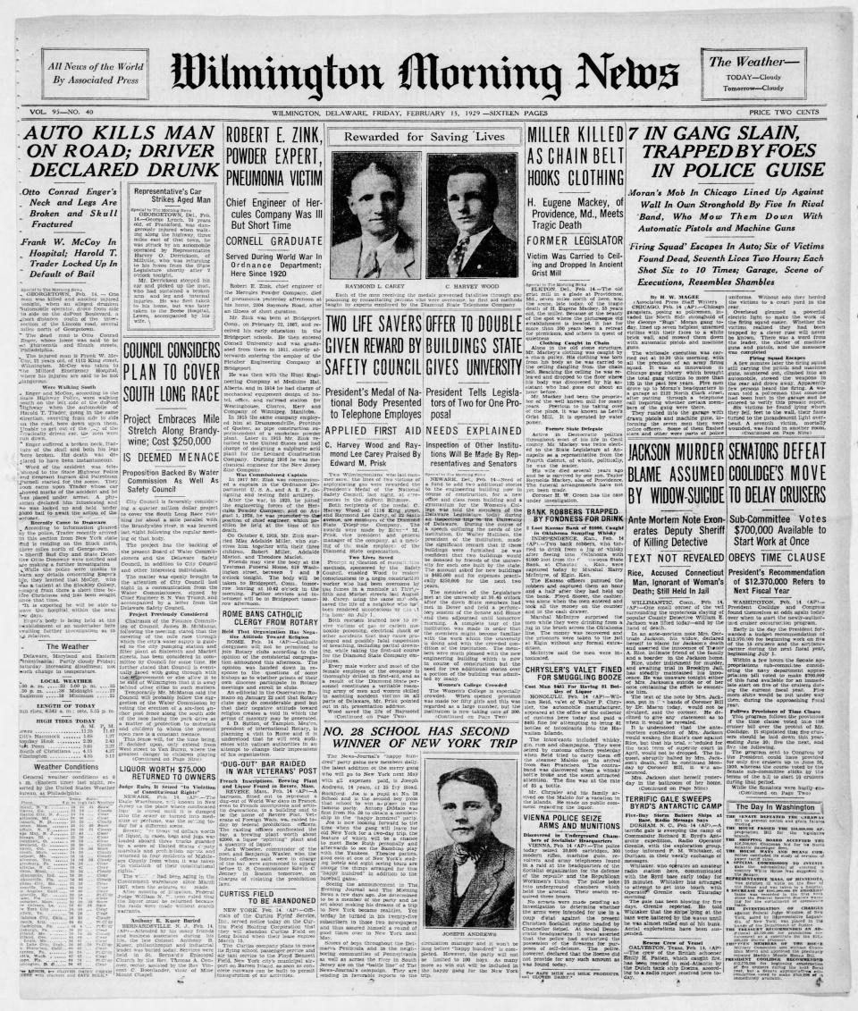 Front page of the Wilmington Morning News from Feb. 15, 1929.