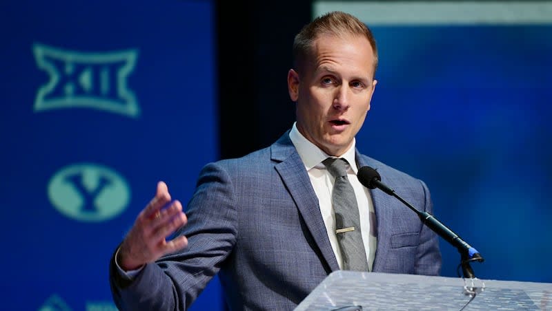 BYU’s new men’s head basketball coach Kevin Young makes a few remarks during an announcement event in the Marriott Center in Provo on Wednesday, April 17, 2024.