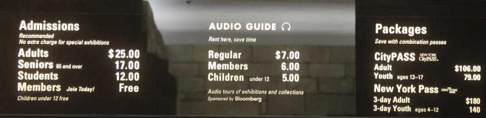 In this Tuesday, March 19, 2013 photo, the board at the Metropolitan Museum of Art in New York displays admission fees, which are recommended but not mandatory. Many visitors to the museum, especially foreign tourists, don’t realize that the fees listed on the sign are merely suggestions. Confusion over what’s required to enter the Met, which draws more than 6 million visitors a year, is at the heart of a class-action lawsuit this month accusing it of an illegal “scheme” to defraud the public into believing the fees are required. (AP Photo/Mary Altaffer)