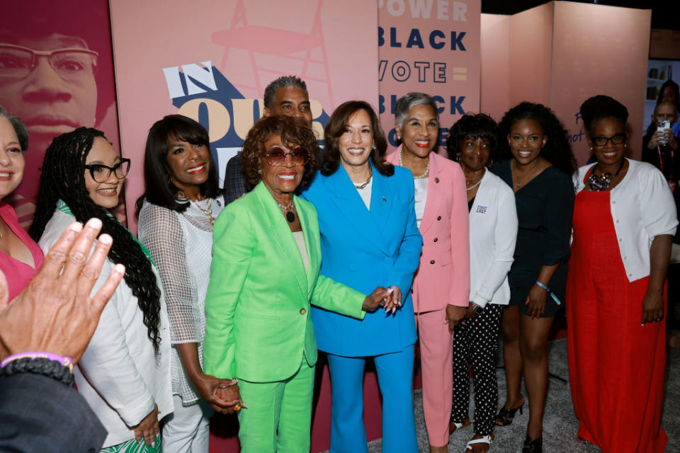 NEW ORLEANS, LOUISIANA - JULY 06: (L-R) Terri Sewell, Maxine Waters, Steven Horsford, Kamala Harris, Jasmine Crockett and Nicole Austin-Hillery attend the 2024 ESSENCE Cultural Festival™ Presented by Coca-Cola® at the Ernest N. Morial Convention Center on July 06, 2024 in New Orleans, Louisiana. (Photo: Arturo Holmes/Getty Images for ESSENCE)