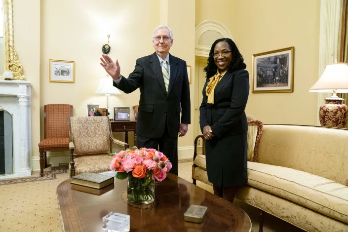 Supreme Court nominee Ketanji Brown Jackson meets with Senate Minority Leader Mitch McConnell of Ky., on Capitol Hill, Wednesday, March 2, 2022, in Washington. 