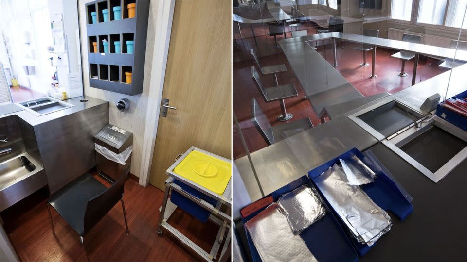 These side-by-side images reveal inside an Amsterdam drug room. On the left cups contain a tourniquet used by addicts to help find a vein and on the right sheets of tin foil are seen used for smoking heroin. Photo: AP/Peter Dejong