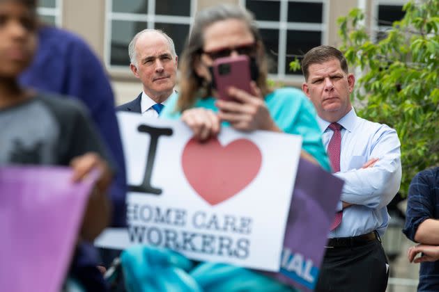 Secretary of Labor Marty Walsh, right, and Sen. Bob Casey (D-Pa.) attend the Care Can't Wait rally with the Service Employees International Union at the Lehigh County Courthouse in Allentown, Pennsylvania, on June 2, 2021. (Photo: Tom Williams via Getty Images)