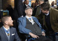 J.C. Coolidge, right, Mr. Coolidge's grandson, introduces Charles H. Coolidge to Kyle Carpenter, the youngest Medal of Honor recipient present at the dedication ceremony at The Charles H. Coolidge National of Medal of Honor Heritage Center on Saturday, February 22, 2020, in Chattanooga, Tenn. Tennessee Metal of Honor recipient Charles H. Coolidge has died at age 99. The Congressional Medal of Honor Society announced in a statement that Coolidge died Tuesday, April 6, 2021, in Chattanooga. (Robin Rudd/Chattanooga Times Free Press via AP)