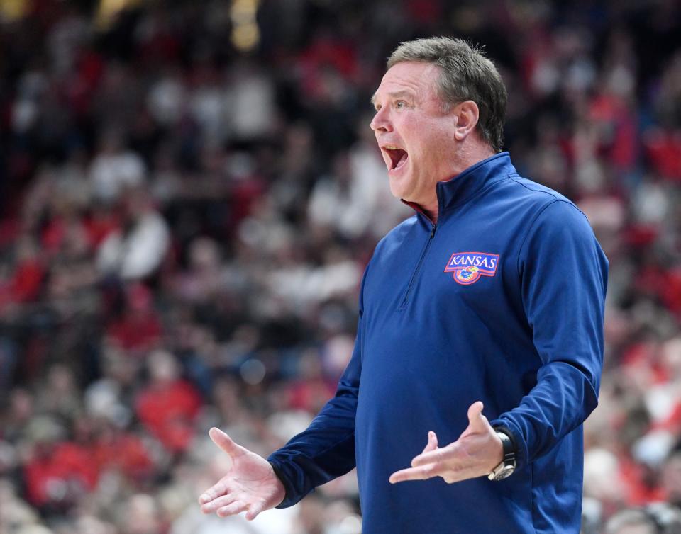 Kansas' head coach Bill Self reacts to a play against Texas Tech during the Big 12 basketball game, Tuesday, Jan. 3, 2023, at United Supermarkets Arena.