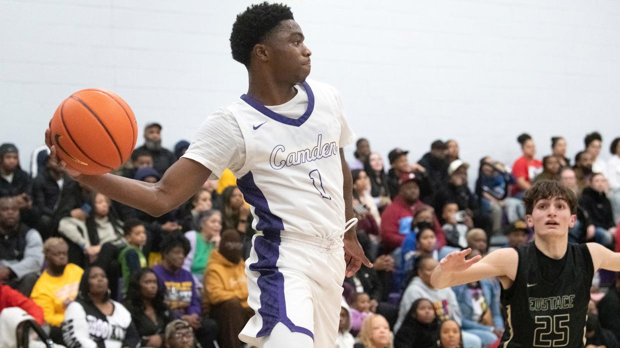 Camden's Cian Medley grabs a rebound during the boys basketball game between Camden and Bishop Eustace played  at Camden High School on Thursday, February 9, 2023.