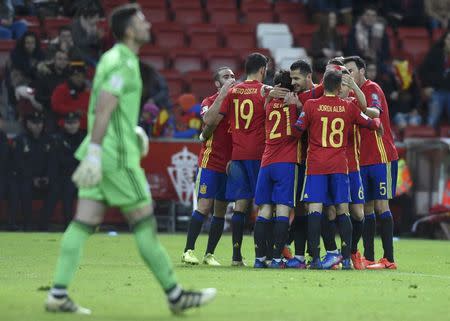 Football Soccer - Spain v Israel - 2018 World Cup Qualifying European Zone - Group G - El Molinon Stadium, Gijon, Spain, 24/3/17 Spain's Vitolo (C) celebrates with team mates after scoring second goal. REUTERS/Eloy Alonso