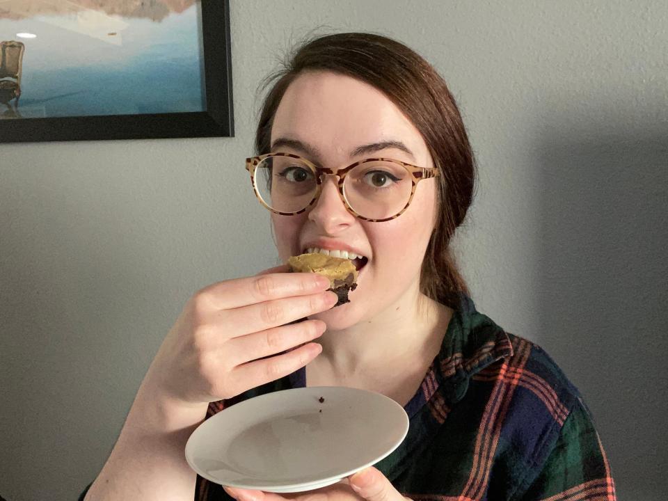 The writer takes a bite of Trader Joe's brookie