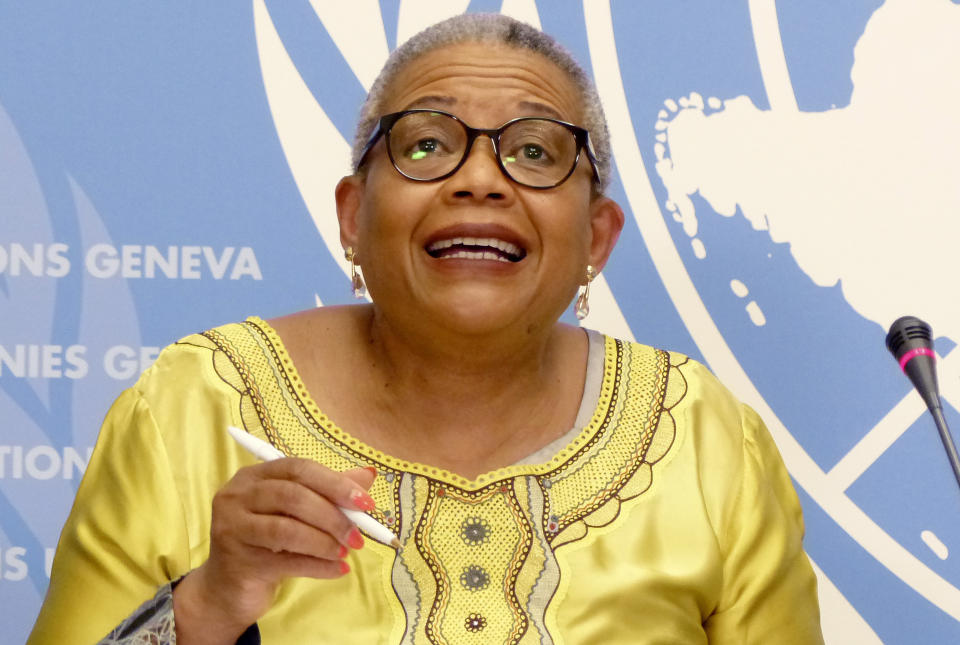 Pansy Tlakula speaks during a news conference in Geneva on Tuesday, August 30, 2022, about reports on seven countries including the United States by the U.N.-backed Committee on the Elimination of Racial Discrimination. The independent experts expressed concerns about the adverse impact on the rights of racial and ethnic minorities from the Supreme Court decision in June that stripped away constitutional protections for abortion in the U.S. (AP Photo/Jamey Keaten)