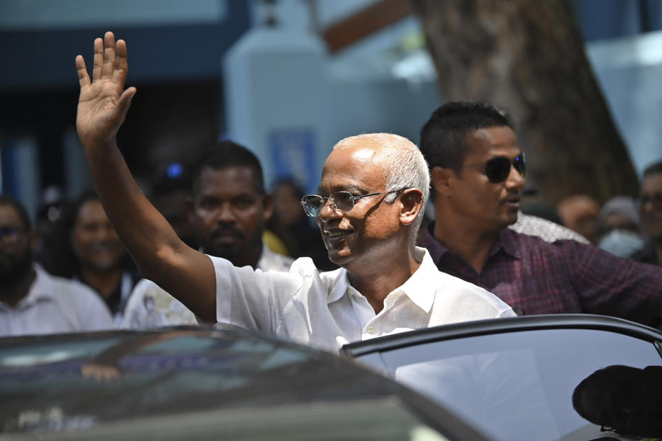 President of the Maldives Ibrahim Mohamed Solih waves after casting his vote at a polling station in Male, Maldives, Saturday, Sept. 9, 2023. Voting started in the Maldives presidential election Saturday, a virtual referendum over which regional power India or China will have the biggest influence in the Indian Ocean archipelago state. (AP Photo/Mohamed Sharuhaan )