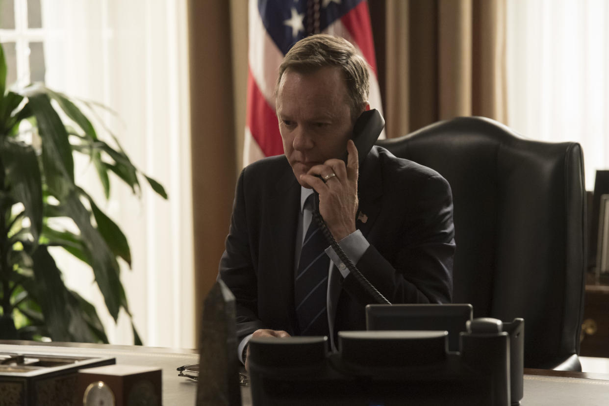 DESIGNATED SURVIVOR - "Kirkman Agonistes" - As more content from President Kirkman's confidential therapy sessions continues to leak out, Vice President Darby meets secretly with the entire Cabinet, resulting in attorney Ethan West (Michael J. Fox) looking into the president's past - while playing a large role in his future as commander in chief, on Walt Disney Television via Getty Images's "Designated Survivor," WEDNESDAY, APRIL 18 (10:00-11:00 p.m. EDT), on The Walt Disney Television via Getty Images Television Network. (Ben Mark Holzberg via Getty Images) KIEFER SUTHERLAND