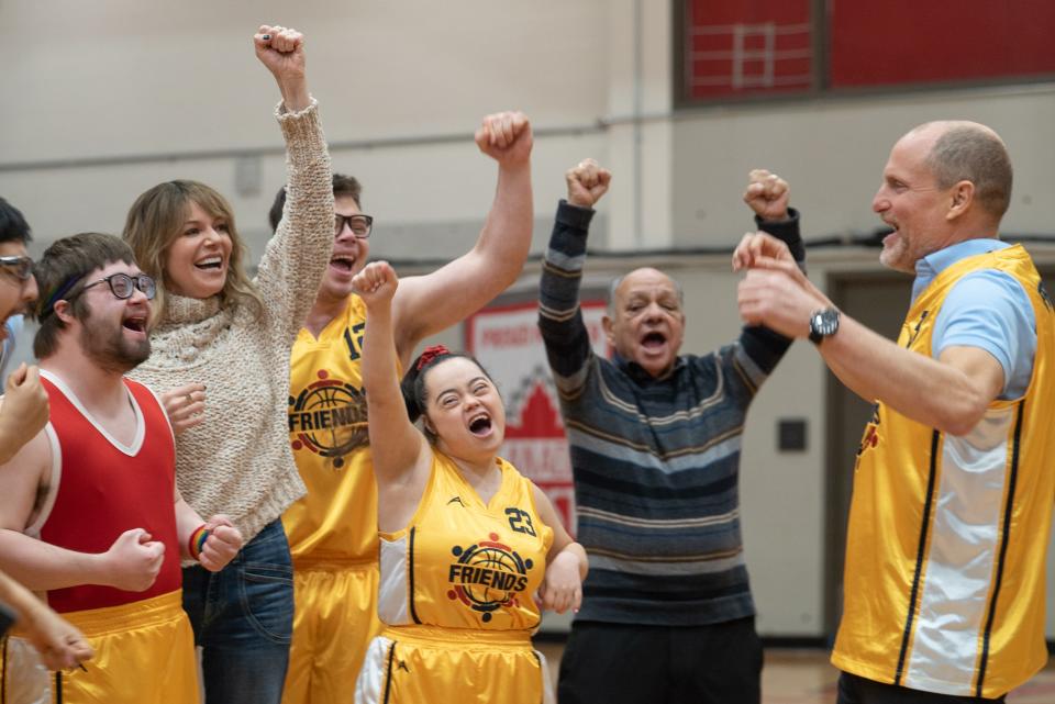 From left to right, Kevin Iannucci as Johnathan, Kaitlin Olson as Alex, James Day Keith as Benny and Woody Harrelson as Marcus in director Bobby Farrelly's film "Champions."