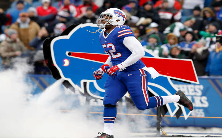 Jan 3, 2016; Orchard Park, NY, USA; Buffalo Bills middle linebacker Preston Brown (52) against the New York Jets at Ralph Wilson Stadium. Mandatory Credit: Timothy T. Ludwig-USA TODAY Sports