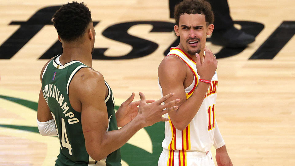 Trae Young, pictured here arguing with Giannis Antetokounmpo during Game 1 of the Eastern Conference Finals.