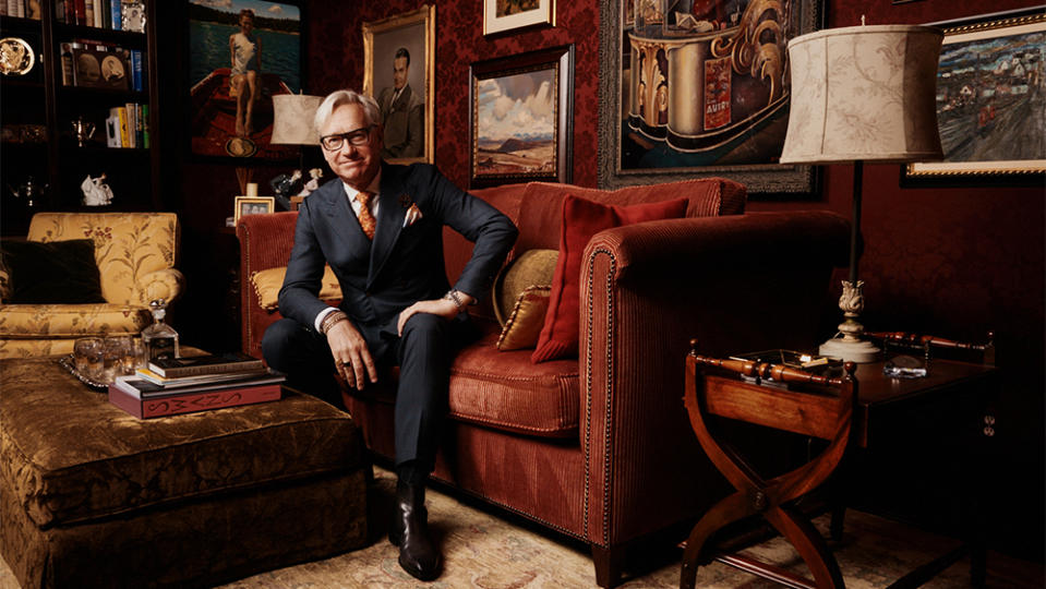 Paul Feig photographed in his home in Burbank, Calif., wearing one of his su misura Isaia suits two