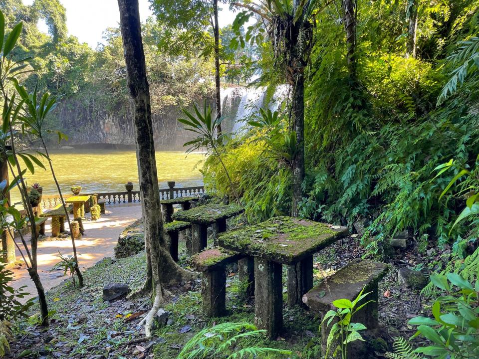 A cement table covered in green moss.