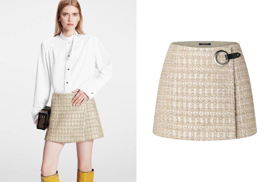 Louis Vuitton金銀絲粗呢迷你裹式半截裙，NT$98,000圖片來源：Louis Vuitton官網