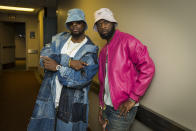 Wyclef Jean, left and Prakazrel “Pras” Michel, of The Fugees, pose for a portrait backstage during "The Miseducation of Lauryn Hill" 25th anniversary tour on Sunday, Nov. 5, 2023, at the Kia Forum in Inglewood, Calif. (Photo by Willy Sanjuan/Invision/AP)