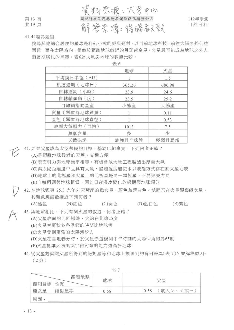 自然試題解答。（圖／得勝者文教提供）