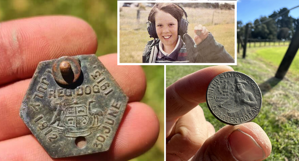 James as a 16 year old (centre). Two close up images of a silver dollar from the US and a dog tag.