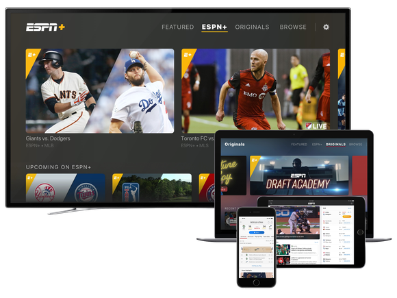 Disney's ESPN+ streaming on a television, laptop, tablet, and smartphone.