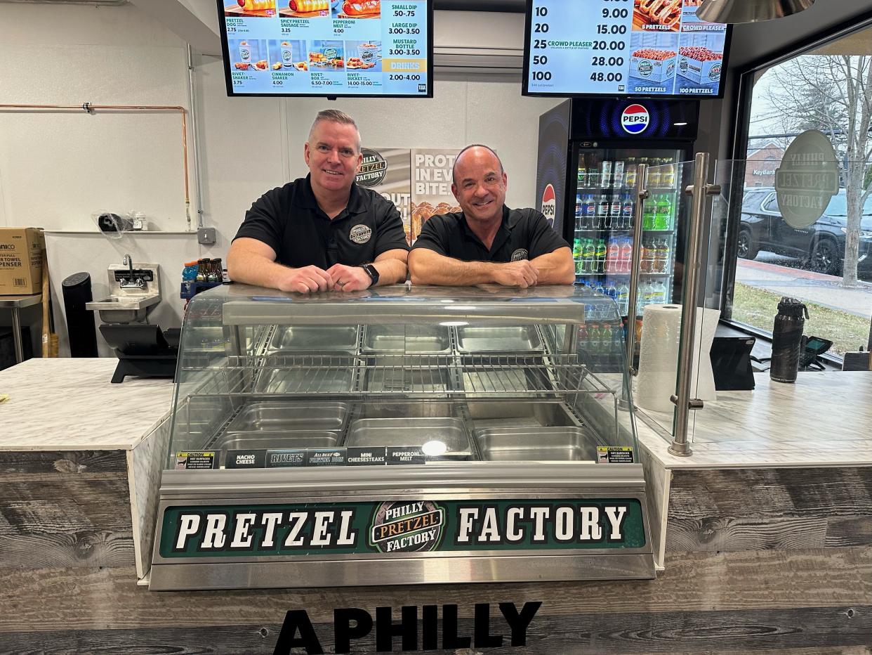 Rob O’Malley, left, and Bobby Miller, right, are the two Rockland County residents behind the new Philly Pretzel Factory opening soon in New City.