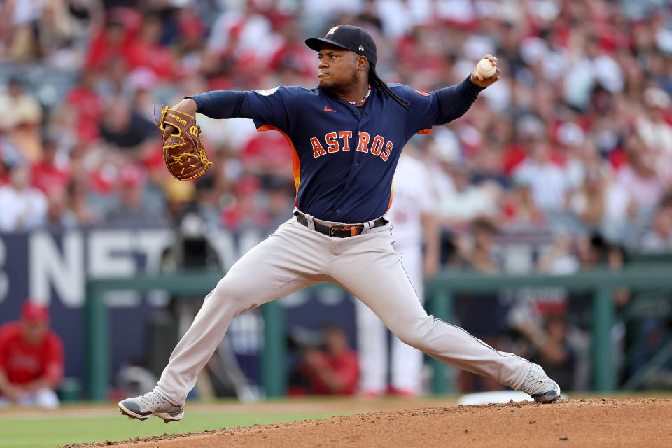 Houston Astros pitcher Framber Valdez left Saturday's loss to the Los Angeles Angels due to an apparent injury in Anaheim, California. (Photo by Sean M. Haffey/Getty Images)