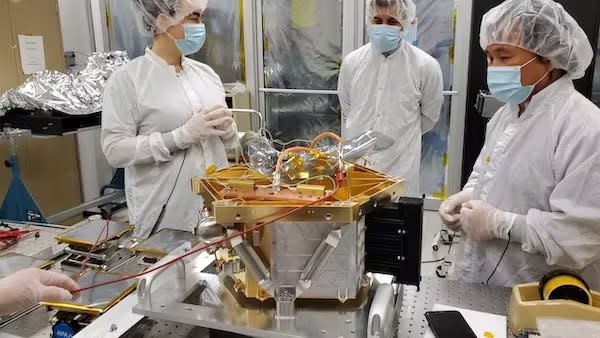 A Lunar Trailblazer instrument undergoes alignment during assembly. Photo courtesy of NASA/JPL
