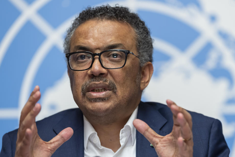 Tedros Adhanom Ghebreyesus, Director-General of the World Health Organization (WHO), speaks at the European headquarters of the United Nations in Geneva, Switzerland, Thursday, March 14, 2019 about the update on WHO Ebola operations in the Democratic Republic of the Congo (DRC). (Martial Trezzini/Keystone via AP)