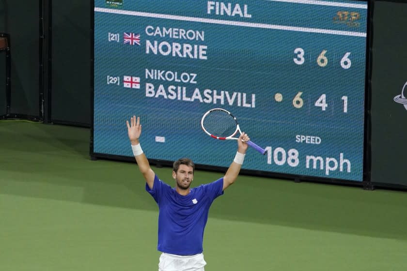 Cameron Norrie, of Britain, reacts after defeating Nikoloz Basilashvili, of Georgia, in the singles final at the BNP Paribas Open tennis tournament Sunday, Oct. 17, 2021, in Indian Wells, Calif. (AP Photo/Mark J. Terrill)