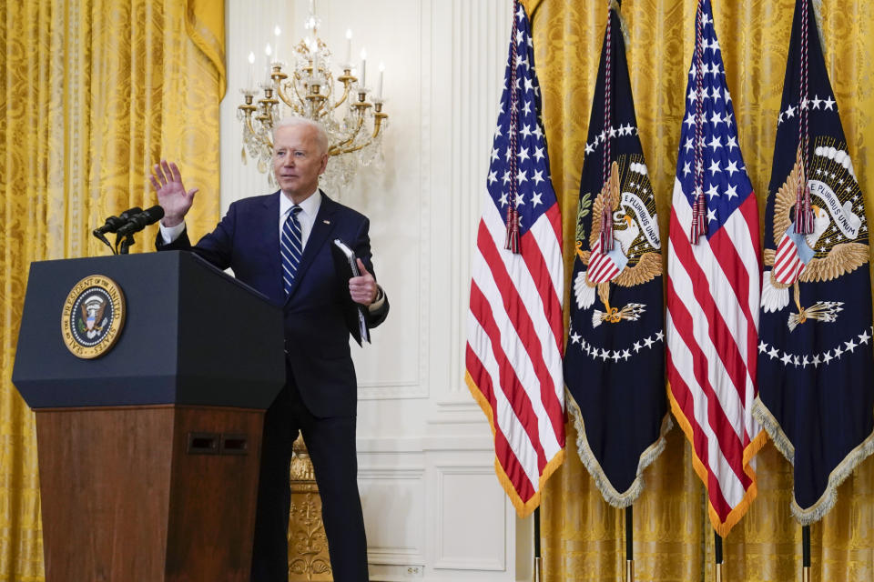 President Joe Biden walks at the end of his first formal news conference in the East Room of the White House, Thursday, March 25, 2021, in Washington. (AP Photo/Evan Vucci)